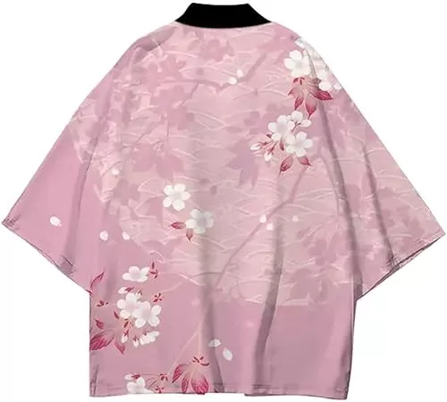 Japanese Style Traditional Kimono Cherry Blossom Print Kimono Casual Wear Half Sleeve Nightdress Cosplay Kimono Cardigan Shirt for Men Women