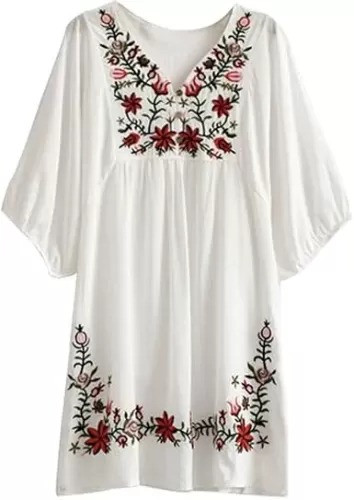 Kafeimali Summer Dress V Neck Mexican Embroidered Peasant Women