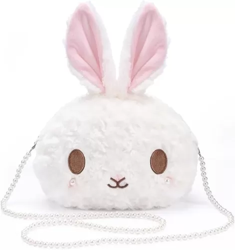 kawaii bunny Crossbody bag, cartoon Plush Rabbit wallets, cute Lolita Handbag for women, Lovely Fluffy animal purse (pearl chain) white
