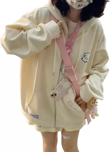 Kawaii Zip Up Hoodie Women Cute Cartoon Embroidery Oversized Pullover Sweatshirt Harajuku Kawaii Hooded Top