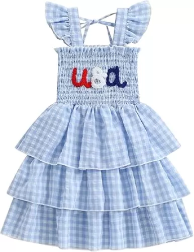 Kayotuas 4th of July Toddler Girl Outfit Smocked USA Dress Sleeveless Tie Strap Fouth of July Dresses Kids Patriotic Clothes