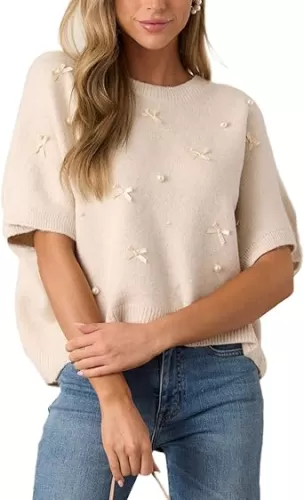 Kedera Womens Short Sleeve Bow Sweater Crewneck Cropped Pearl Top Bow Embellished Top Loose Pullover Thick Knitwear