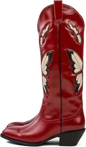 keleimusi Butterfly Knee High Boots for Women Cowgirl Autumn Western Almond Toe Shoes