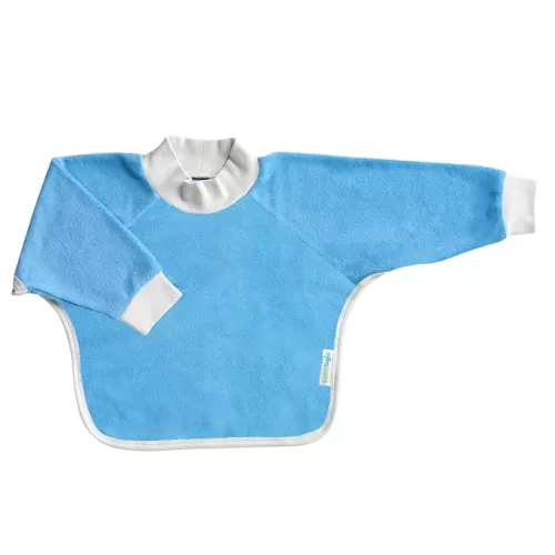 Kiddologic Bibit-all Baby Feeding Bib, Long Sleeves with Ribbed Cuffs and High Collar, Comfortable Stretchy Pullover Smock, Soft Absorbent Terry, Waterproof Lining, Infant Boy 6-12 Months, Sky Blue