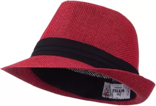 Kid's Paper Straw Black Band Fedora - Red OSFM