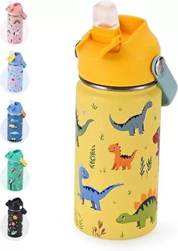 Kids Water Bottle 14oz with Silicone Straw Lid - Insulated Water Bottle Stainless Steel Keeps Cold 24H, Leak Proof & Dinosaur Prints Design | Custom Name Stickers for School, Daycare, Travel, Yellow