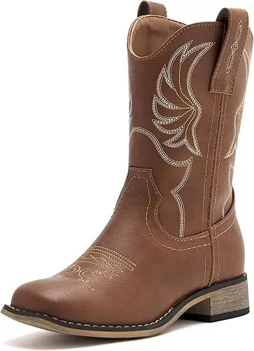 Kids Western Boots for Boys Girls Embroidered Cowgirl Cowboy Boots Square Toe Mid Calf Riding Shoes Little Kid/Big Kid