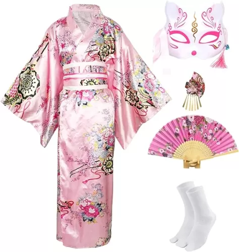 Kimonos for Women Japanese Dress Yukata Geisha Costume Fancy Robe Anime Cosplay Maid Outfit Mask Hand Fan Socks Set