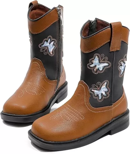 kkdom Toddler Girls Cowgirl Boots Western Glitter Butterfly Embroidery Cowboy Boot Ankle Boots Horse Riding Shoes