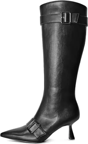 Knee High Boots for Women Kitten Heel Pointed Toe Long Dress Boots Buckles