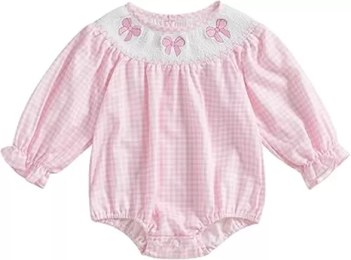 Lamuusaa Newborn Baby Girl Clothes Long Sleeve Smocked Romper Bow Embroidery Plaid Bodysuit Shirts Fall Outfits 0-18M