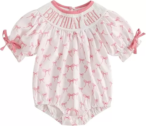 Lamuusaa Toddler Baby Girl Birthday Outfit Smocked Birthday Girl Embroidery Romper Bow Print Bodysuit Summer Outfit