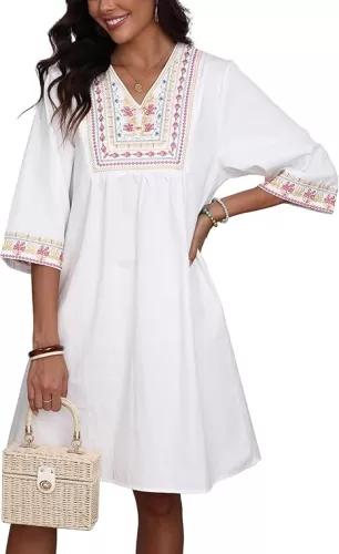 LauraKlein Mexican Embroidered Dress for Women Plus Size Boho 3/4 Sleeve Summer Dresses Fiesta V-Neck Casual Vacation Clothes