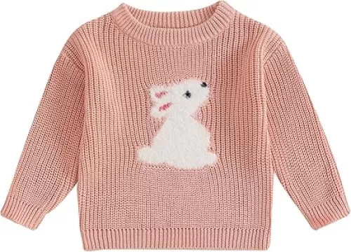 Lesimsam Toddler Baby Boy Girl Easter Outfit Bunny Embroidered Long Sleeve Knit Sweater Pullover Sweatshirt Spring Clothes