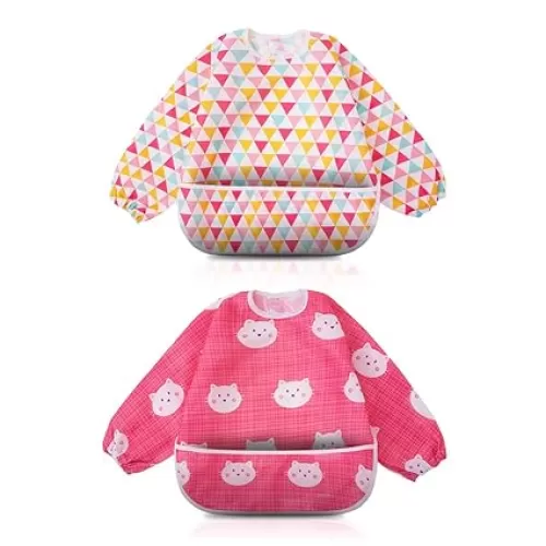 Little Dimsum Full Sleeved Feeding Bib 2 Pack, Baby & Toddler Waterproof Bib Apron, Food Protection Large Pocket Eating Smock 6-36 Months(Pink/Red)