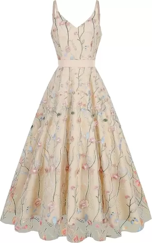 Long Floral Embroidery Dress for Women Flower Embroidered Maxi Dress Spaghetti Straps Formal Evening Party Tulle Prom Dress