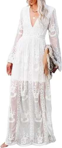 LRISES Womens V Neck Floral Embroidered Lace Wedding Maxi Dress Boho Short Sleeve Slit Bridesmaid Evening Party Dresses