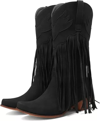 Meefit Women Fringe Cowboy Boots Square Toe Mid Calf Embroidered Western Boots, Tassel Cowgirl Boots Stacked Heel Retro Boots(Black, US9.5)
