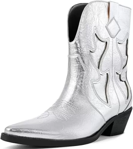 Metallic Cowboy boots for Women Embroidered Pointed Toe Cowgirl Boots Chunky Heel Pull-On Short Western Boots Wide Calf Country Ankle Boot