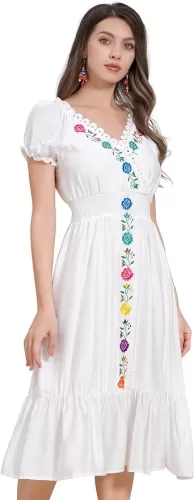 Mexican Dress for Women Floral Embroidered Dress Short Sleeve V Neck Traditional Ethnic Cinco De Mayo Fiesta Dress