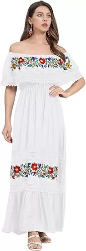 Mexican Dress for Women Floral Embroidered Off Shoulder Long Maxi Dress Summer Casual