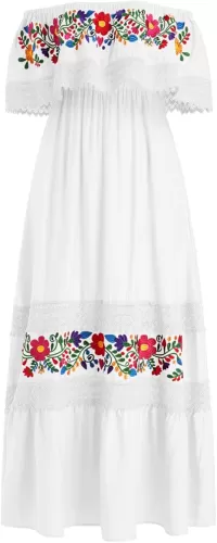 Mexican Dress for Women Traditional Off Shoulder Embroidered Present Casual Lace Long Maxi Dress Cinco de Mayo Outfit