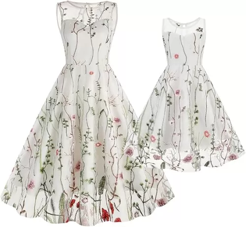 Mommy and Me Matching Floral Dresses Mom and Daughter Mesh Flower Embroidered Dress Women Girls Summer Tulle Embroidery Dress