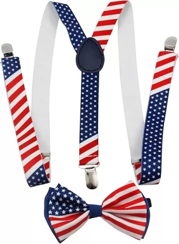 New American Flag Suspender and BOW TIE Matching SET Tuxedo Wedding Suit