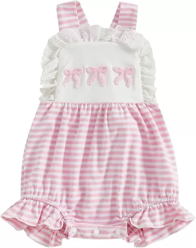 Newborn Baby Girl Bubble Romper Bow Embroidered Overalls Lace Trim Sleeveless Striped Bodysuit Infant Summer Outfit