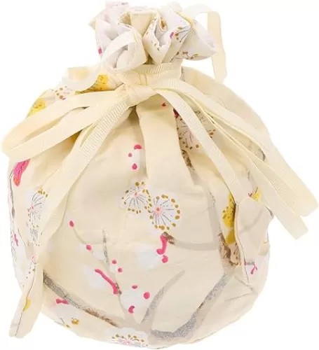 NUOBESTY Japanese Drawstring Kimono Purse - Sakura Cherry Blossom Floral Embroidered Jewelry Coin Gift Bag in Beige