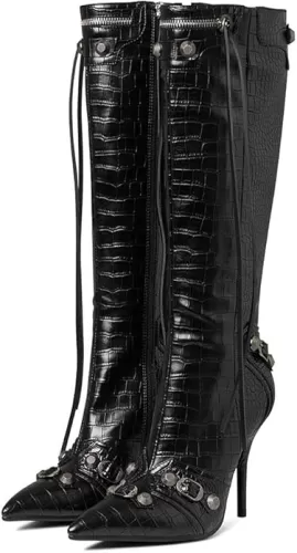 Oiamenne Knee High Boots for Women Fashion Slide Zipper Pointed Toe Stiletto Studded High Heel Rivets Tassel Boots Party Dress Shoes