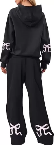 OLAPTA Women 2 Piece Outfits Bow Print Long Sleeve Hoodies Sets Graphic Sweatshirts Baggy Wide Leg Sweatpants Fall Sweatsuits