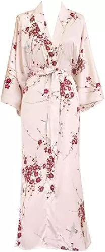 OLDSHANGHAI Women's Charmeuse Kimono Robe Long - Watercolor Floral - Cherry Blossom & Crane- Rose Quartz (Pink)