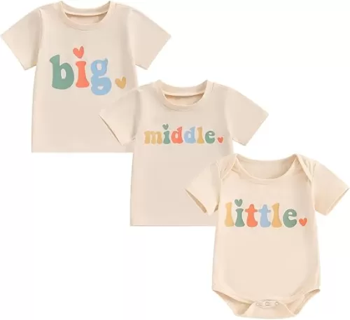 Omkzanbi Big Middle Little Sibling Shirts Retro Bodysuit Big Brother Little Sister Outfit Gender Neutral Announcement Shirt