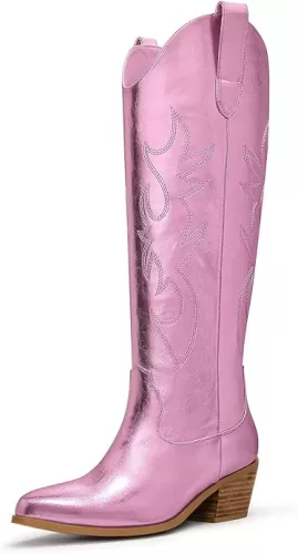 Ouepiano White Cowgirl Boots Women Cowboy Knee High Tall Boots Chunky Heel Pointed Toe Pull-On Western Wide Calf Boats Country Fashion