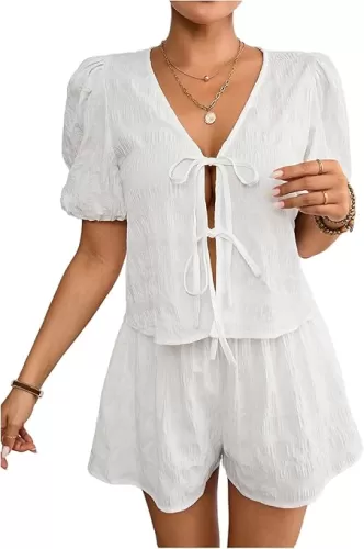 OYOANGLE Women's 2 Piece Outfits Textured Bow Tie Short Sleeve Blouse and Wide Leg Shorts Set