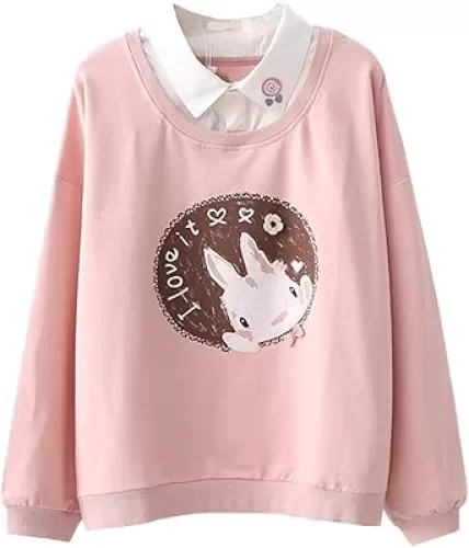 Packitcute Cute Pullover Sweatshirts for Women Long Sleeves Cotton Bunny Patchwork Spring Autumn Fake Two Pieces Thin Tops