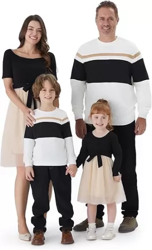 PATPAT Family Matching Outfits Dresses and Sweatshirt Fall Winter Off Shoulder Dresses and Long Sleeve Sweatshirt