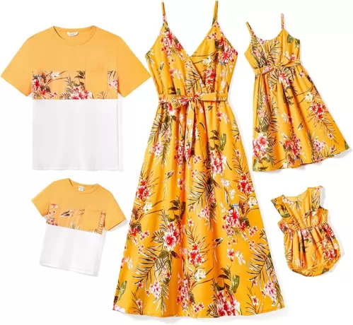 PATPAT Family Matching Outfits Mommy and Me Dresses Hawaiian Tropical Vacation Beach Spaghetti Strap Dress and Shirt