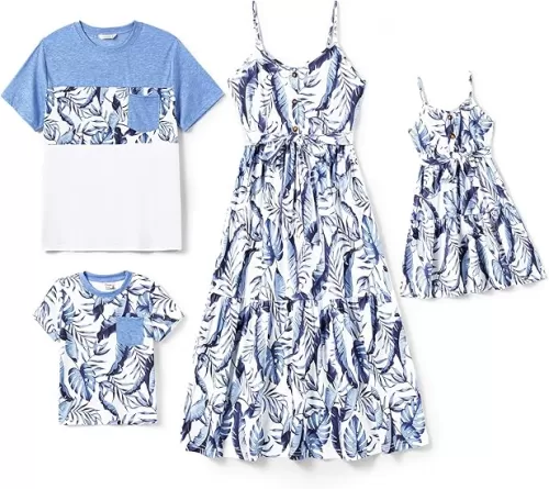 PATPAT Family Matching Outfits Mommy and Me Dresses Spaghetti Sleeveless Summer Vacation Hawaiian Dress and T-Shirts Sets