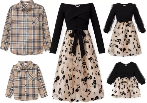 PATPAT Family Matching Outfits Set Mommy and Me Dresses Off Shoulder Midi Dress Dad and Boy Plaid Button Down Shirts