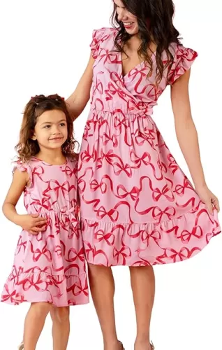 PATPAT Matching Mommy and Me Dresses Outfits Ruffle Flutter Sleeve Polka Dot Pattern Vacation Dresses