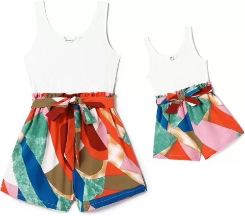 PATPAT Mom and Daughter Matching Jumpsuits - Black Tank Top with Floral Wide-Leg Shorts