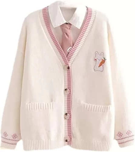 Pink Kawaii Preppy Bunny Cardigan Sweater for Girl Loose Embroidery Plaid Soft Cozy Sweater 10 12 14Gift