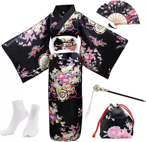 PLULON 5Pcs Japanese kimono for women, Robe Geisha Yukata Dress Blossom Satin Bathrobe japanese dress for women