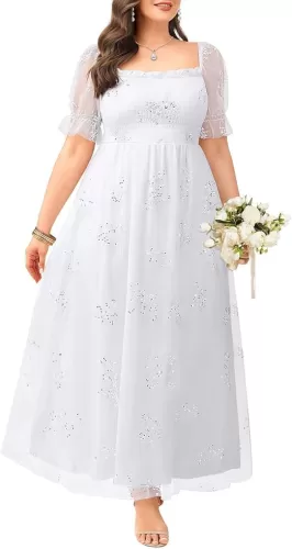 Plus Size Formal Dresses - Bridesmaid Leaf Embroidery with Sequin Tulle Prom Long Dress
