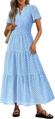 PRETTYGARDEN Womens 2025 Summer Maxi Dress Short Sleeve V Neck Hollow Out Eyelet A Line Long Flowy Beach Vacation Dresses