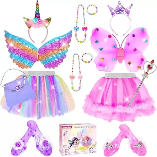 Princess Dress Up for Girls 4-6 With Tutu Shoes Jewelry Unicorn Headband Butterfly Wing Toddler Dress Up Clothes Pretend Play Fairy Costumes Set for Girls Christmas Birthday Gift 3 4 5 6 7 Girl Toys