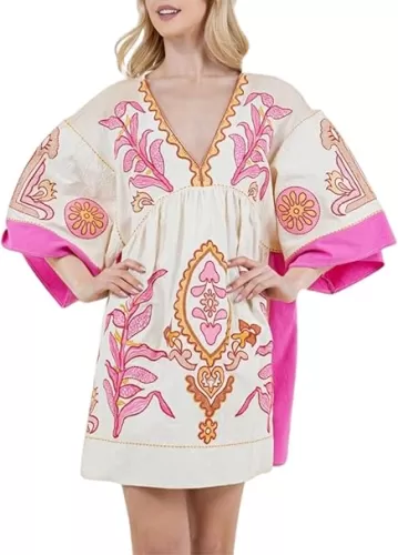 Print Dresses for Women with V-Neck Summer Cotton 3/4 Sleeves Casual Loose Fit Boho Vintage Floral Tunic Dress 2025