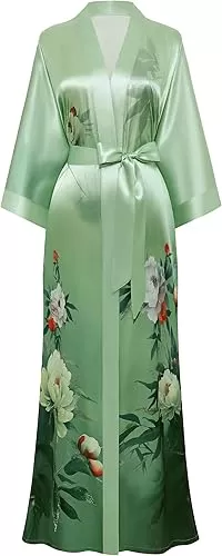 PRODESIGN Kimono Robes for Women - Long Satin Sleepwear Silky Nightgown Bathrobe Floral Dressing Gown Blouse Wedding Robe